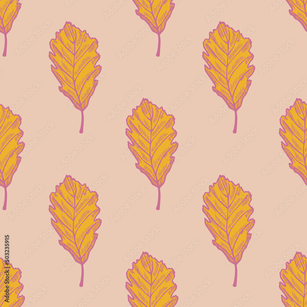 Obraz premium Leaves oak engraved seamless pattern. Vintage background botanical with forest foliage in hand drawn style.