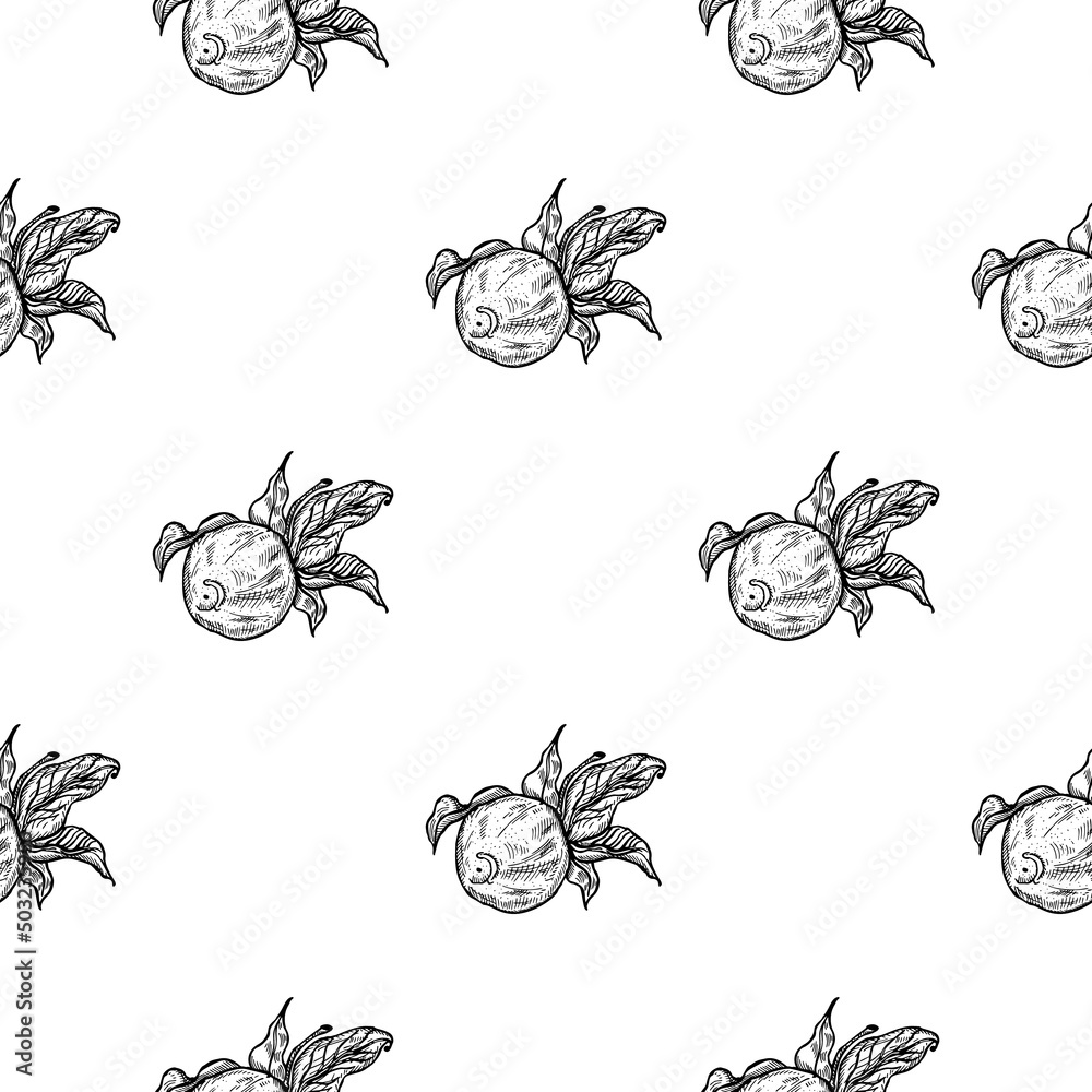 Fototapeta premium Seamless pattern engraved lemon on twig with leaves. Vintage background citrus fruit on branch in hand drawn style.