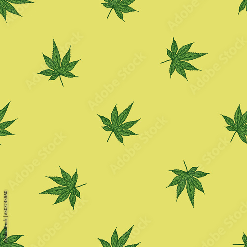 Leaves maple canadian engraved seamless pattern. Vintage background botanical leaf cannabis in hand drawn style.