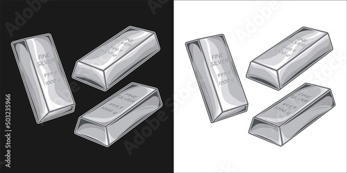 Set of fine silver bars, ingots, bullions from different angles. Isolated vector illustration on black and white background.