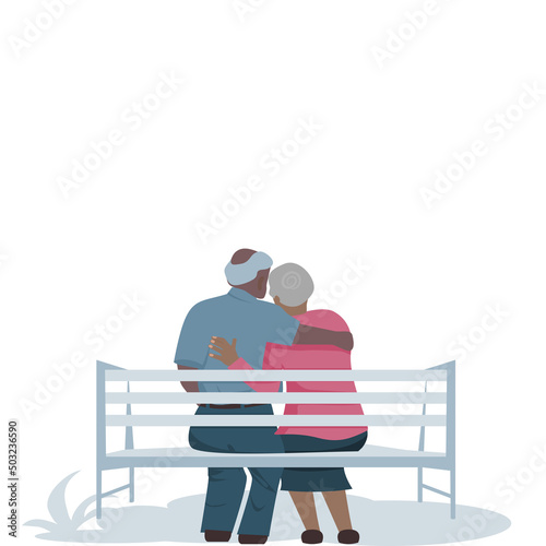 Behind the scenes of an elderly couple, a bald man and one woman has short hair are sitting supporting by hand in hand forward on white background.Vector isolate flat design concept for LOVE forever