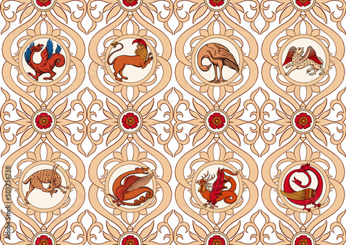 Medieval mythical animals, illuminati manuscript inspiration, romanesque style. Seamless pattern, background. Vector illustration.