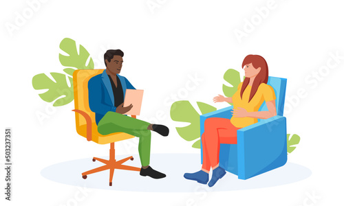 a woman at a psychologist's appointment or at an interview with an employer.
Cartoon people vector illustration