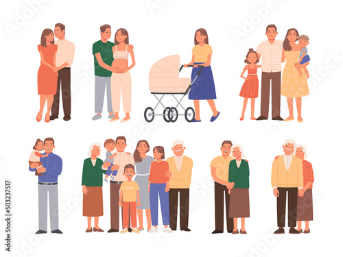 Stages of family development. The relationship of generations. Love, birth and upbringing of children. A set of portraits of family members