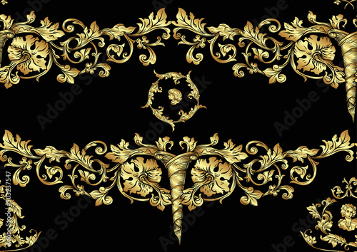 Seamless pattern, background In baroque, rococo, victorian, renaissance style. Trendy frolar vintage pattern. In gold and black vector illustration