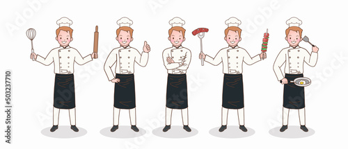 Fototapeta Naklejka Na Ścianę i Meble -  collection of man chef character holding food ingredients, cooker set