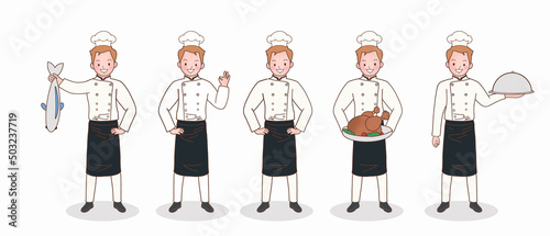 collection of man chef character holding food ingredients, cooker set