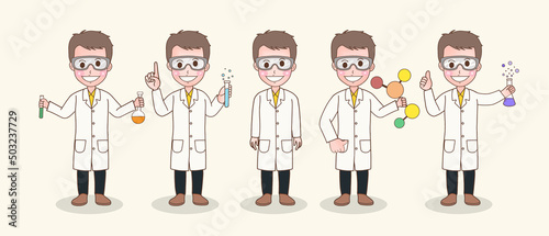 collection of man scientist character holding science experiment equipment