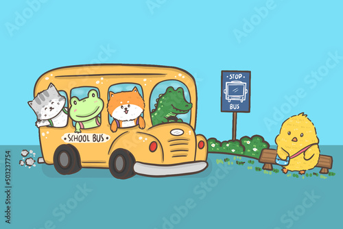 group of animal students, cat, frog, fox, crocodile and chick on bus, back to school