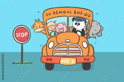 group of animal students, giraffe, pig, panda, elephant and  sheep on bus, back to school