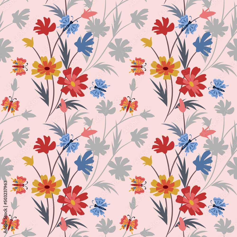 Beautiful flowers and leaf seamless pattern.