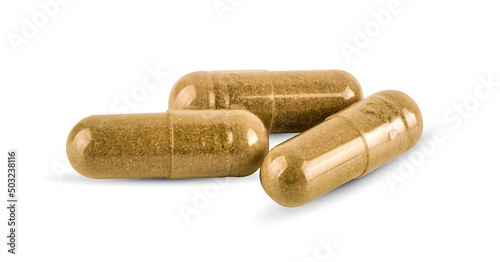Andrographis Paniculata powder and capsules (Herbal capsules) isolated on a white background