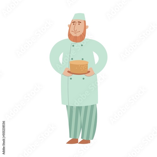 Baker in uniform cartoon illustration. Man confectioner with holding tray with freshly baked cake, making recipe for bakery