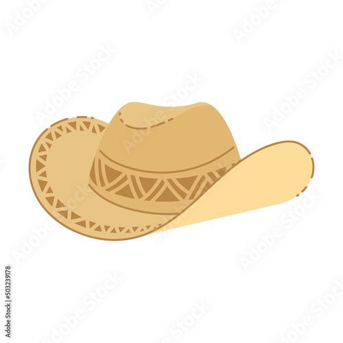 cowboy stylish straw hat for men, vector illustration. Summer designs of yellow hat with wide brims, clothes for farmers isolated on white back