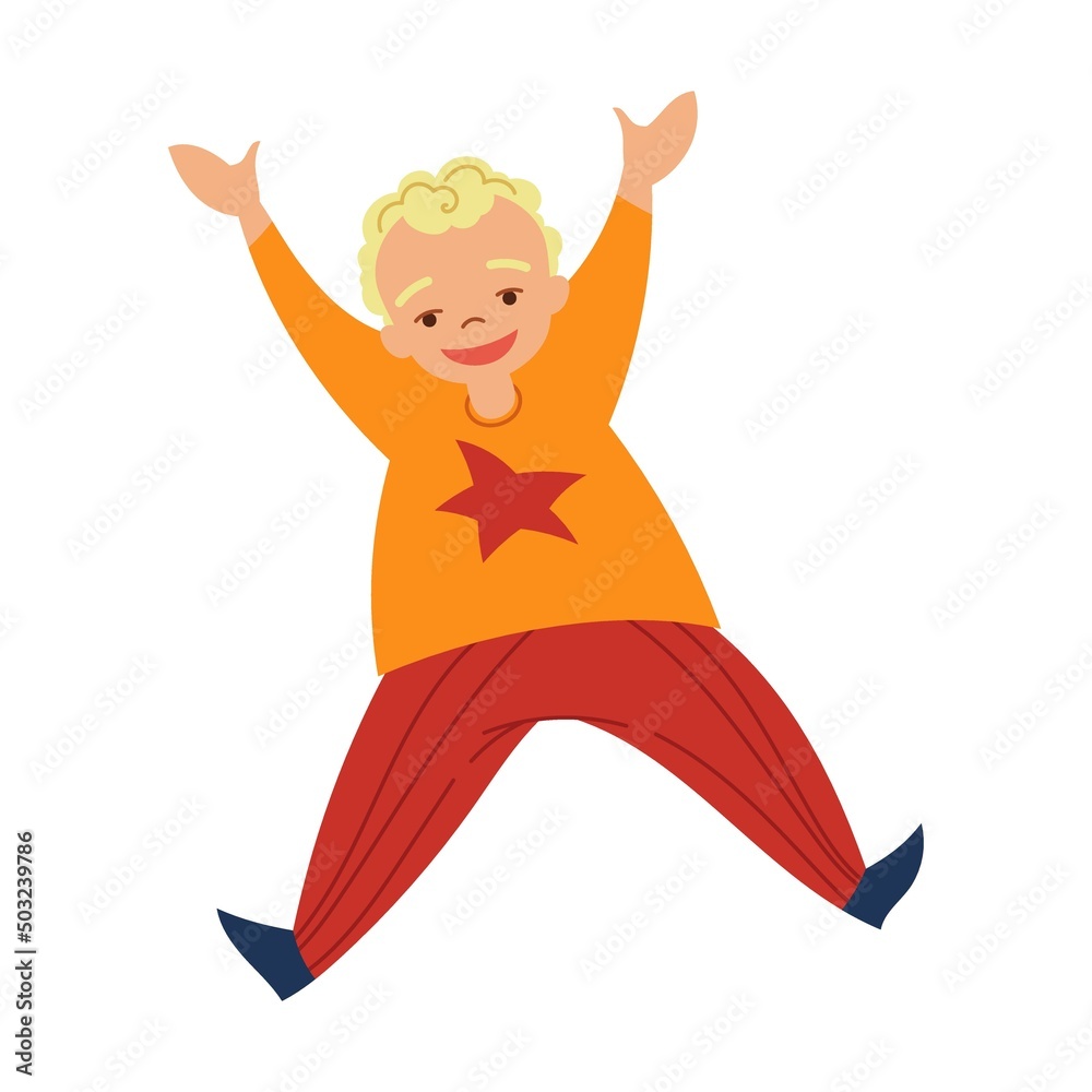 Happy cute boy curly, in red striped pants, cartoon illustration. little kid, cheerful character