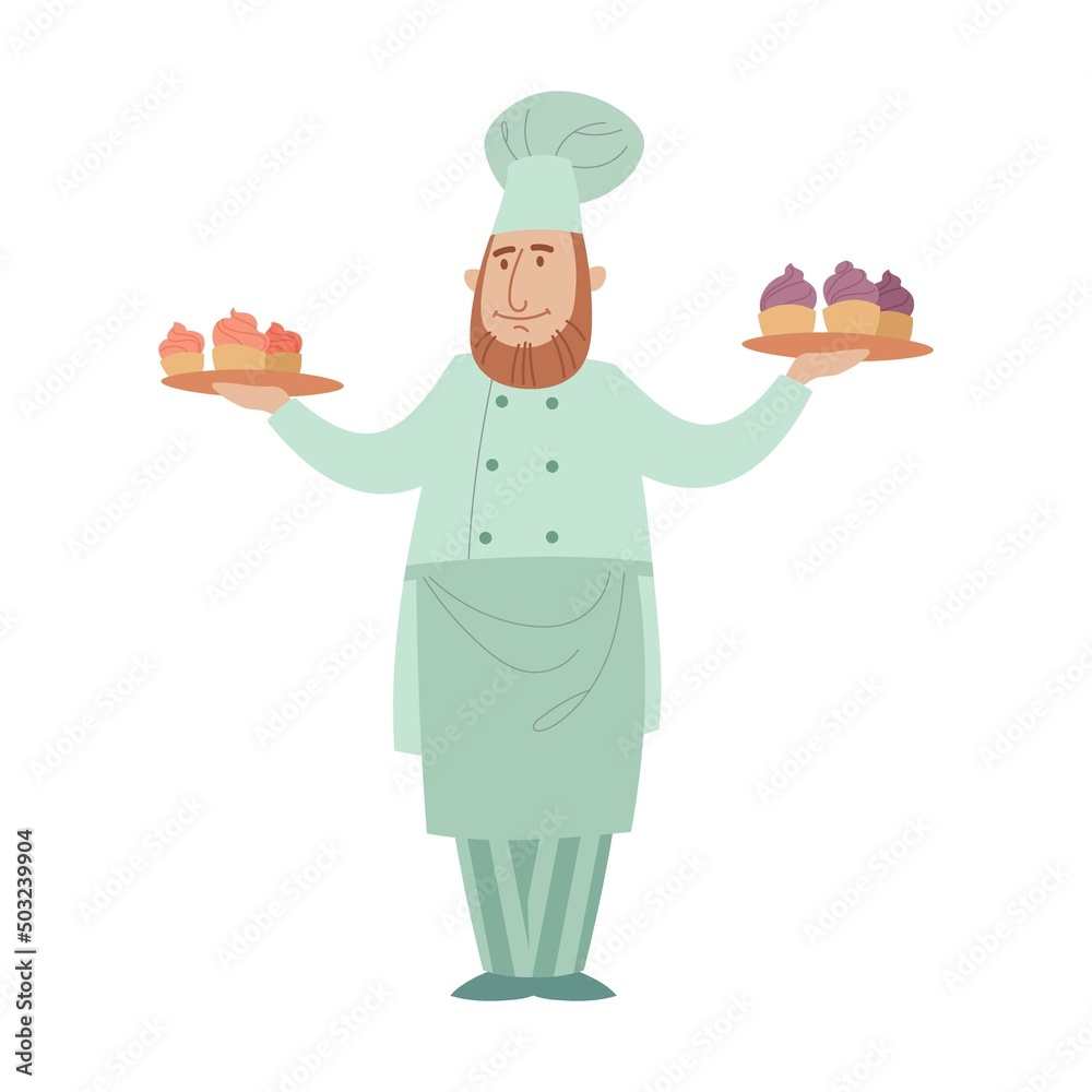 Baker in uniform cartoon illustration. Man confectioner with trays with dessert, cake, making recipe for bakery Baker in uniform cartoon illustration. Man confectioner with trays with dessert, cake, making recipe for bakery
