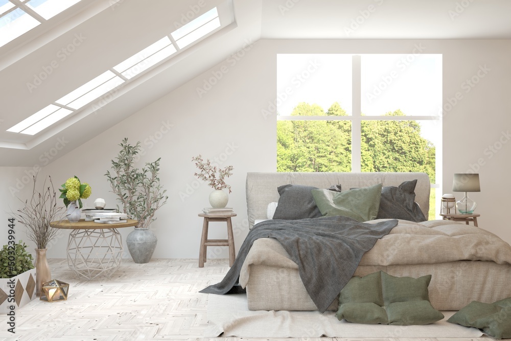 Fototapeta premium Stylish bedroom in white color with summer landscape in window. Scandinavian interior design. 3D illustration