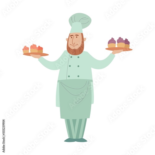 Baker in uniform cartoon illustration. Man confectioner with trays with dessert, cake, making recipe for bakery