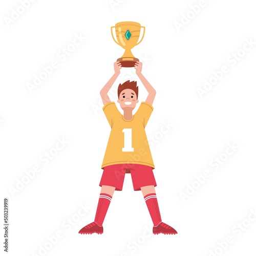 Gold trophy cup, athlete winner with cup in his hands over head. Vector illustrations of awards for victory in championship photo
