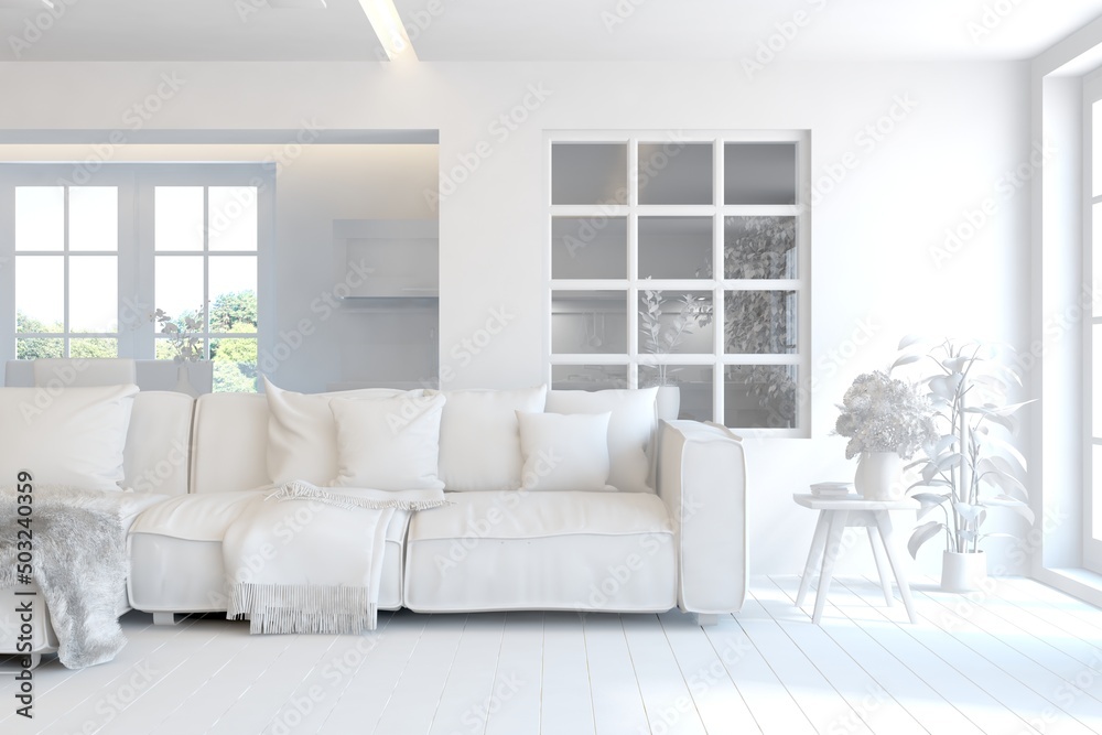 White minimalist living room with sofa. Scandinavian interior design. 3D illustration White minimalist living room with sofa. Scandinavian interior design. 3D illustration