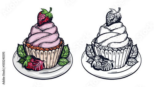 strawberry cupcakes, coloring doodles. strawberry cupcake vector sketch chalk. cupcakes coloring book vector. eps