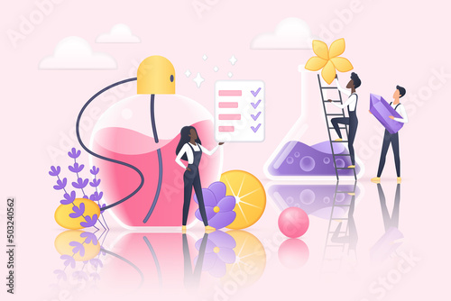 New fragrance, perfume creation. Tiny people create floral parfum, natural aroma scent in spray bottle, perfumers making fresh composition flat vector illustration. Aromatherapy, perfumery concept