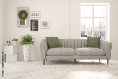 White living room with sofa and winter landscape in window. Scandinavian interior design. 3D illustration