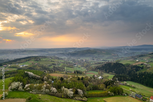 Spring Season in Countryside. Drone View on Colorful Trees