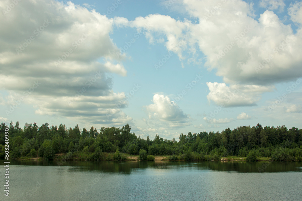Fototapeta premium Summer landscape with a beautiful lake with fir trees against a cloudy sky