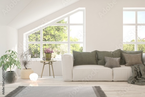 Minimalist living room in white color with sofa and summer landscape in window. Scandinavian interior design. 3D illustration