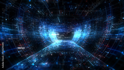 Fototapeta Naklejka Na Ścianę i Meble -  Tunnel digital cyberspace and digital data network connections concept. Transfer digital data hi-speed internet, Future technology digital abstract background concept. 3d rendering