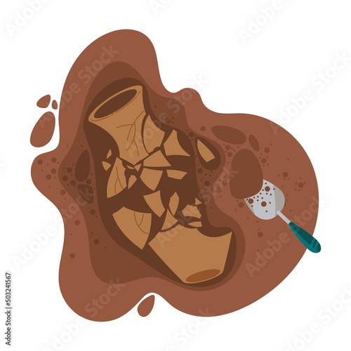 Search and study of broken ceramic vase, fragments by archaeologist. Cartoon vector illustration of science artifacts. tools for discovery