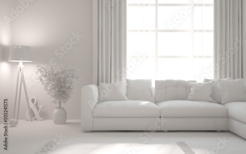 Mock up of minimalist living room in white color with sofa. Scandinavian interior design. 3D illustration