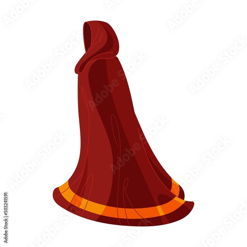 mysterious red Cloak of magic character. Vector illustration of clothes flying on wind. Cartoon Dracula cloak, superhero cape with hood isolated on white