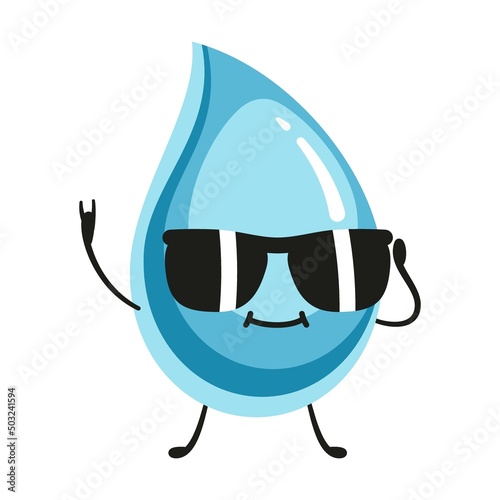 fashionable with glasses Water drop cute character. Vector illustration of funny blue aqua mascot. Cartoon cold clear raindrop or splash of liquid isolated on white