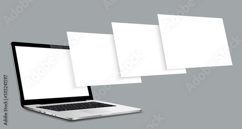 Laptop computer mockup with blank wireframing pages. Concept for showcasing web-design projects.