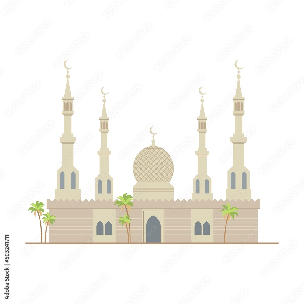 Traditional Islamic building with with domes and crescents. Old or ancient castle in desert or street, shop or market buildings, heritage of Africa