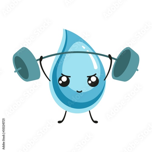 Water drop raises the bar, cute character. Vector illustration of funny blue aqua mascot. Cartoon cold clear raindrop or splash of liquid isolated on white