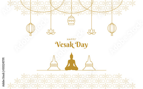 Vesak Day Greeting Card with Buddha, Temples, Lotus, and Lantern Vector Line Illustration