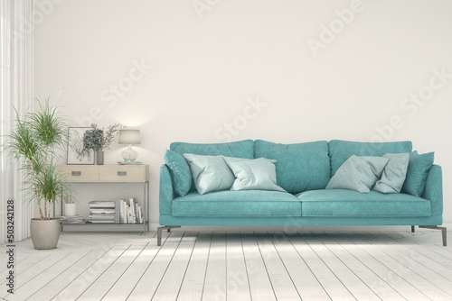 White living room with blue colorful sofa. Scandinavian interior design. 3D illustration