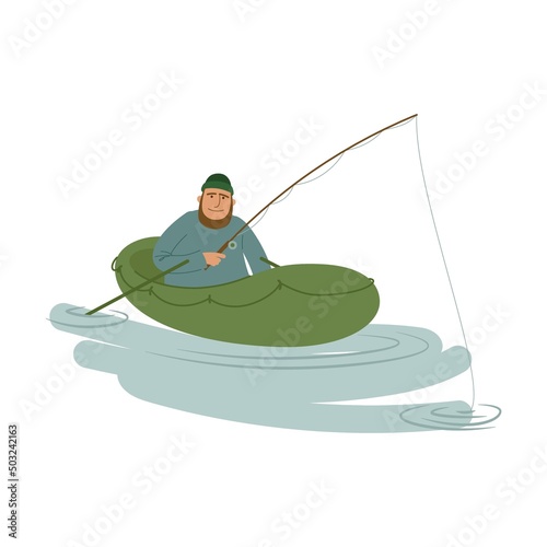 fisherman on a rubber boat catches fish with a bait. Cartoon vector isolated on white background