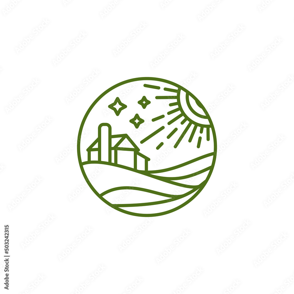 Agro landscape Outline Green. Barn in a field under the sun and stars, Outline logo in vector. Agriculture, work in the field, agro complex. Agro landscape Outline Green. Barn in a field under the sun and stars, Outline logo in vector. Agriculture, work in the field, agro complex.