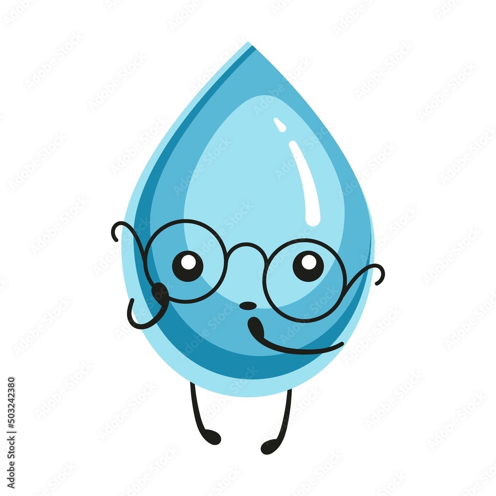 Obraz premium Water drop scientist with glasses, cute character. Vector illustration of funny blue aqua mascot. Cartoon cold clear raindrop or splash of liquid isolated on white