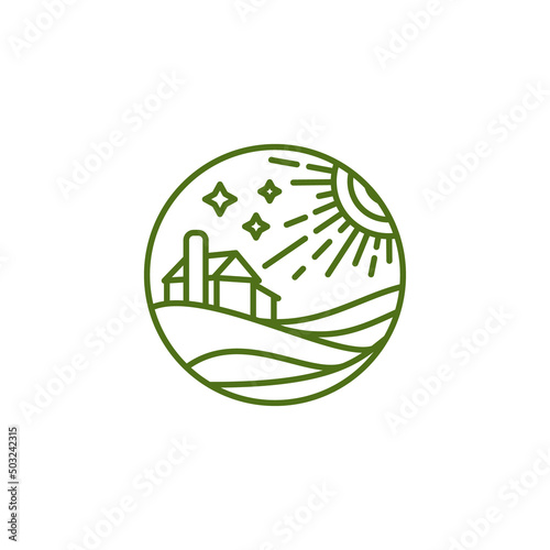 Agro landscape Outline Green. Barn in a field under the sun and stars, Outline logo in vector. Agriculture, work in the field, agro complex.