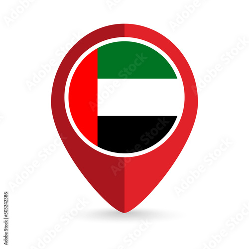 Map pointer with contry United Arab Emirates. United Arab Emirates flag. Vector illustration.
