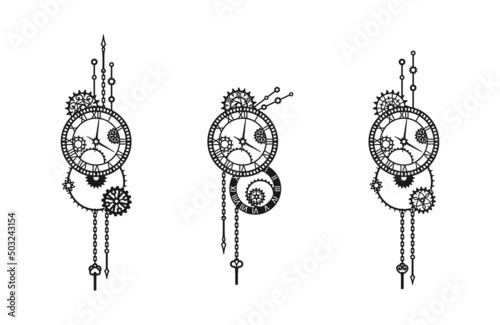 Set of black clocks with gears, cogwheels, chains and windup keys on a white. Mechanism. Steampunk. Decorative elements for greeting card, banner, poster, signage, label, laser and plotter cutting