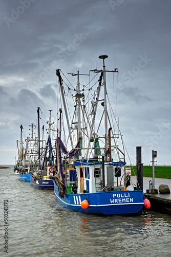 Krabbenkutter liegen im Hafen von Wremen an der Wurster Nordseeküste.
