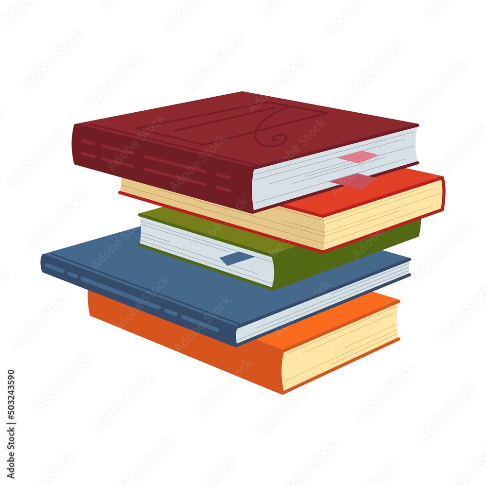 stack of books with bookmarks for study. Cartoon paper notebook vector illustration of books with bookmarks, textbook from library