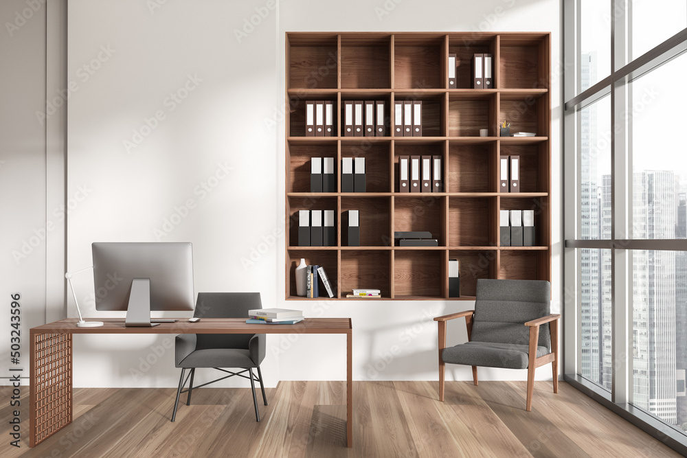 Fototapeta premium Close up view on bright office interior with panoramic windows