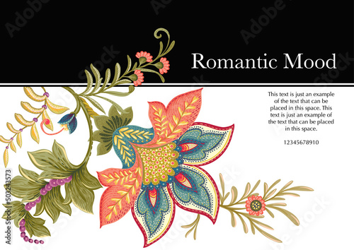 Fantasy flowers in retro, vintage, jacobean embroidery style. Template for wedding invitation, greeting card, banner, gift voucher, label. Vector illustration.